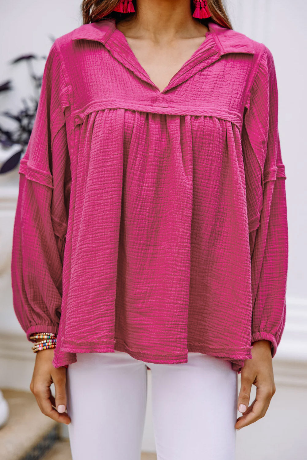 Crinkle Collared V-Neck Bubble Sleeve Flowy Blouse | Rose