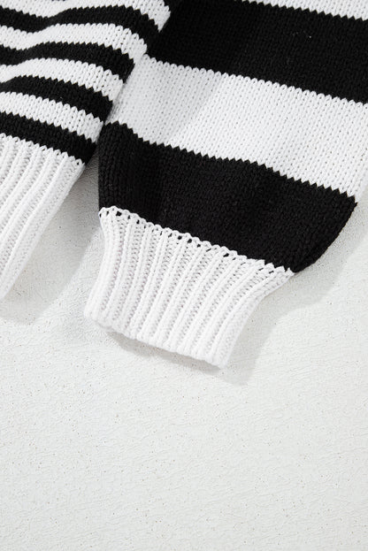 Black White Striped Drop Shoulder Bishop Sleeve Knit Sweater | Black white