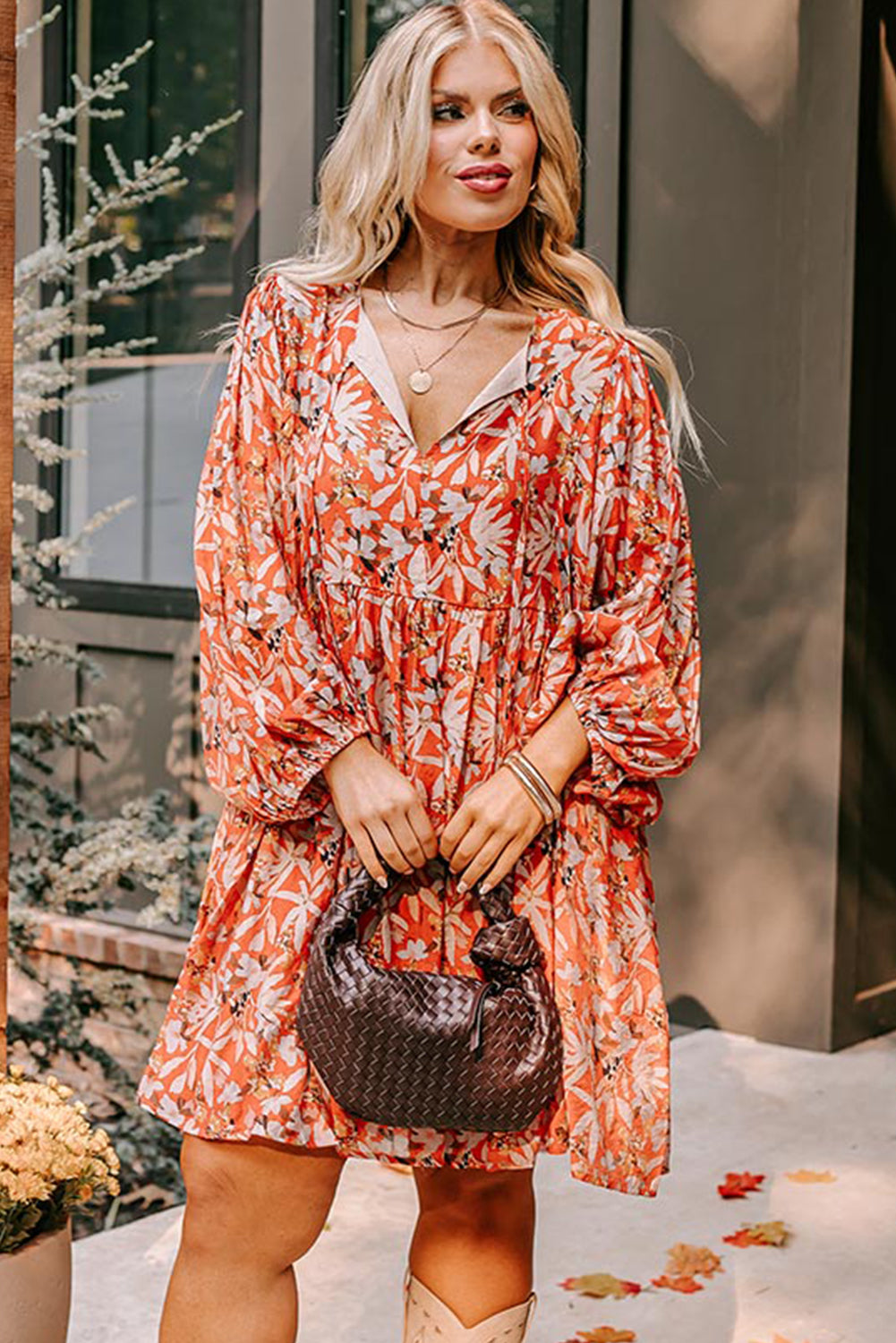 Floral Print Split V Neck Bubble Sleeve Plus Size Midi Dress | Orange