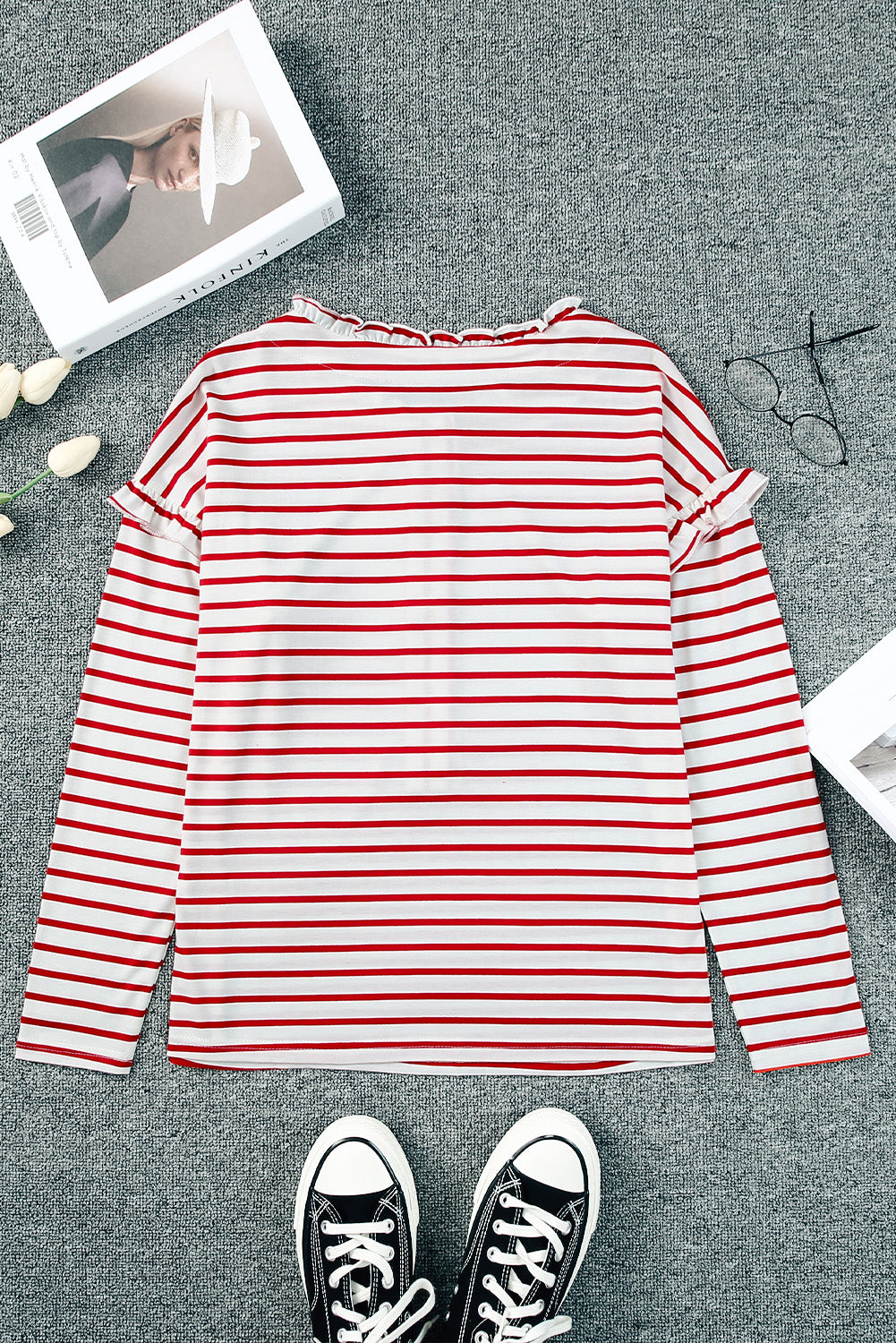 Striped Print Ruffled Buttoned Long Sleeve Top | Red