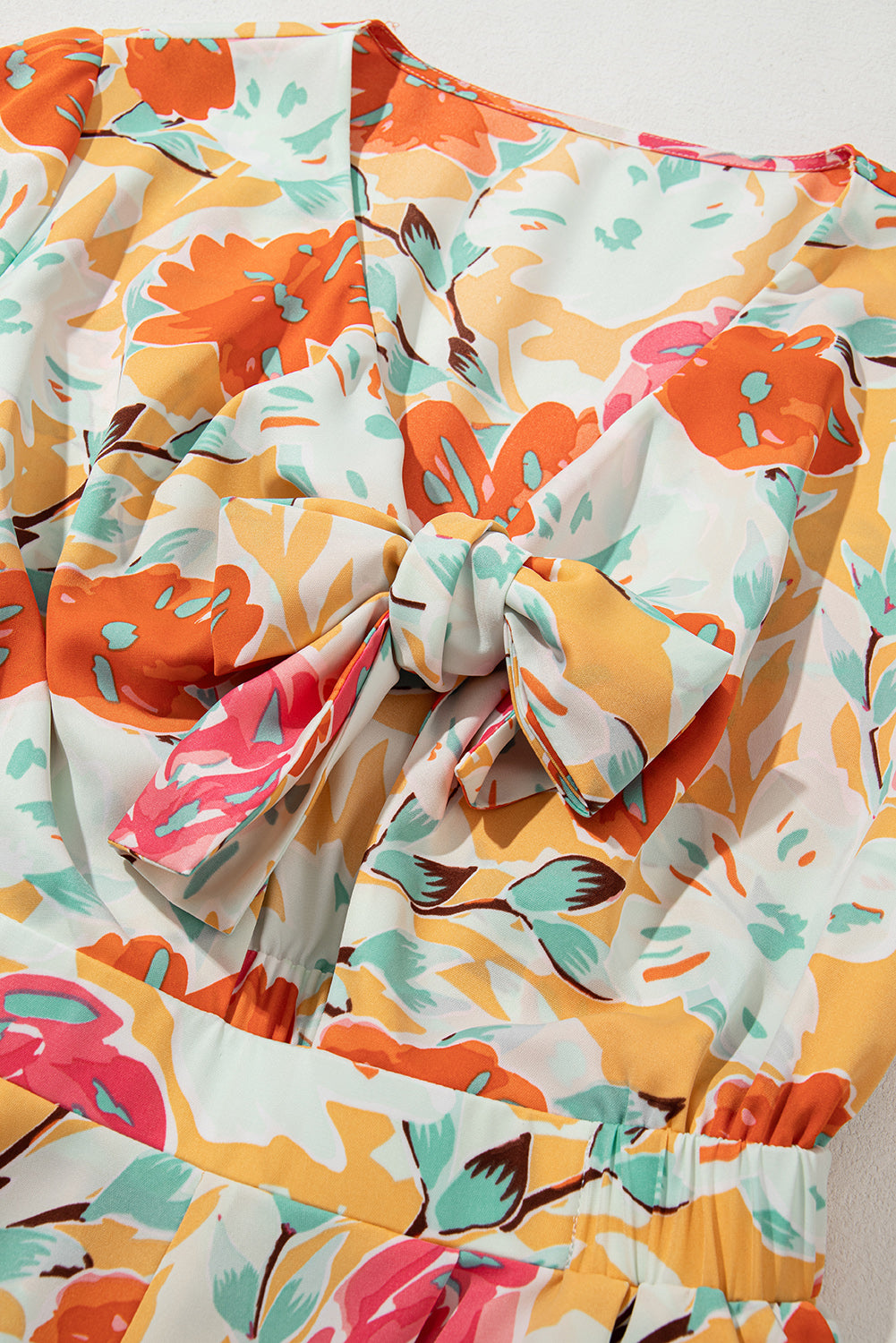 Blooming Floral Print Front Tie Romper | Orange