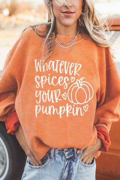 Pumpkin Letter Print Oversized Corduroy Sweatshirt | Orange