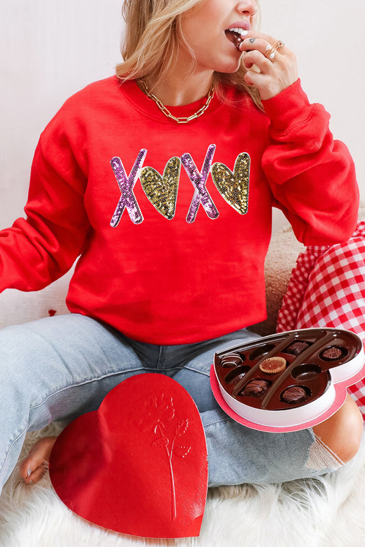 Red Heart XOXO Graphic Crewneck Valentines Pullover Sweatshirt