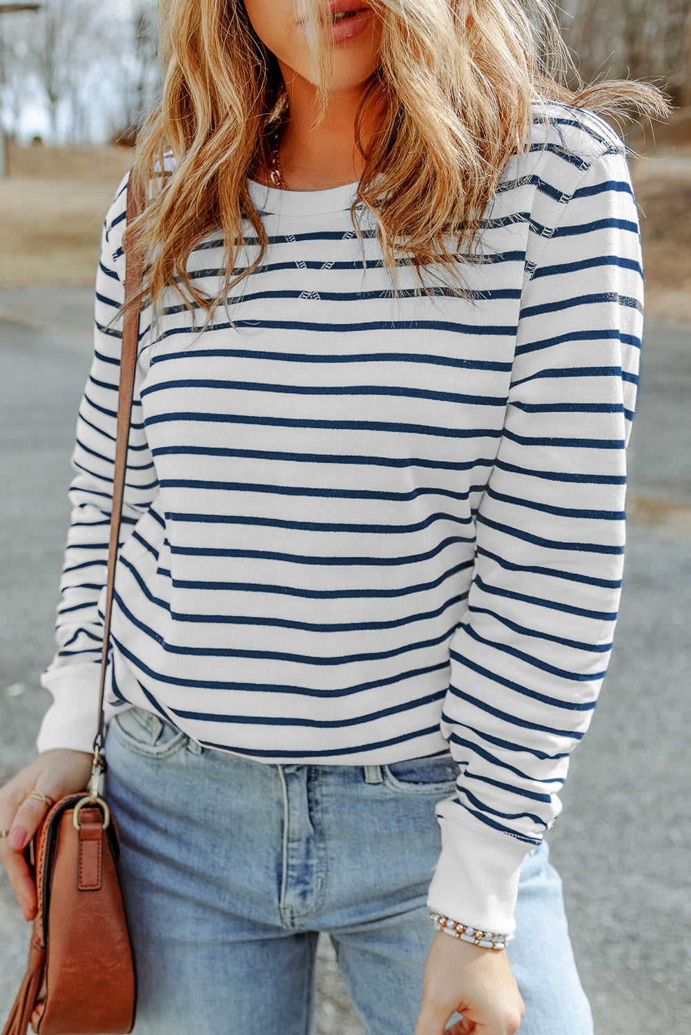 d Print Ribbed Trim Long Sleeve Top | Stripe