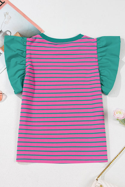 Colourblock Ruffled Sleeve Crew Neck Blouse | Pink Stripe