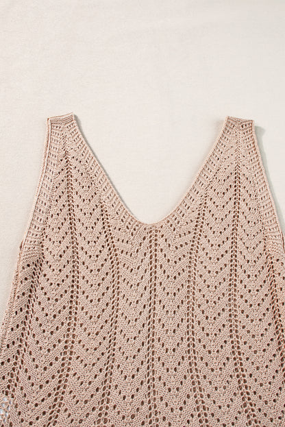 Scalloped Hem V Neck Crochet Knit Vest | Pale Khaki