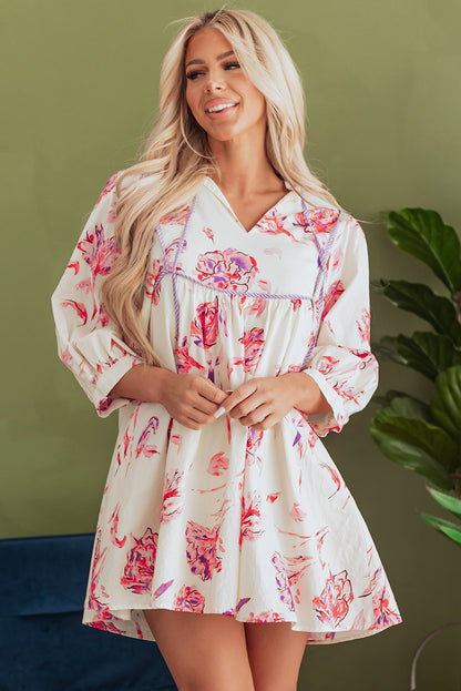 Floral Print Balloon Sleeve V Neck Babydoll Mini Dress | Pink