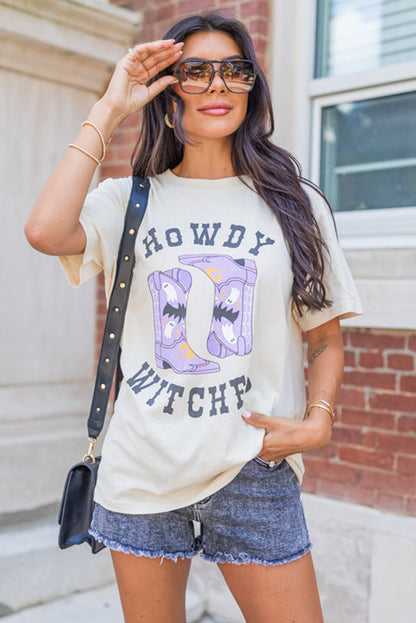 Howdy Witches Halloween Boots Crewneck T Shirt | White