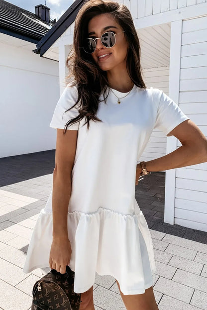 Frilly Splicing Hem Short Sleeve Casual Dress | White