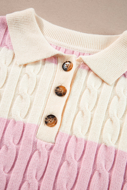 Cable Knit Collared Henley Sweater | Pink Stripe