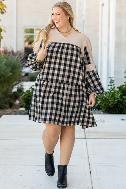 Plaid Waffle Knit Patchwork Collared V Neck Plus Size Mini Dress | Black