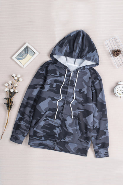 Camo Print Zip-Up Hooded Coat With Pockets | Black