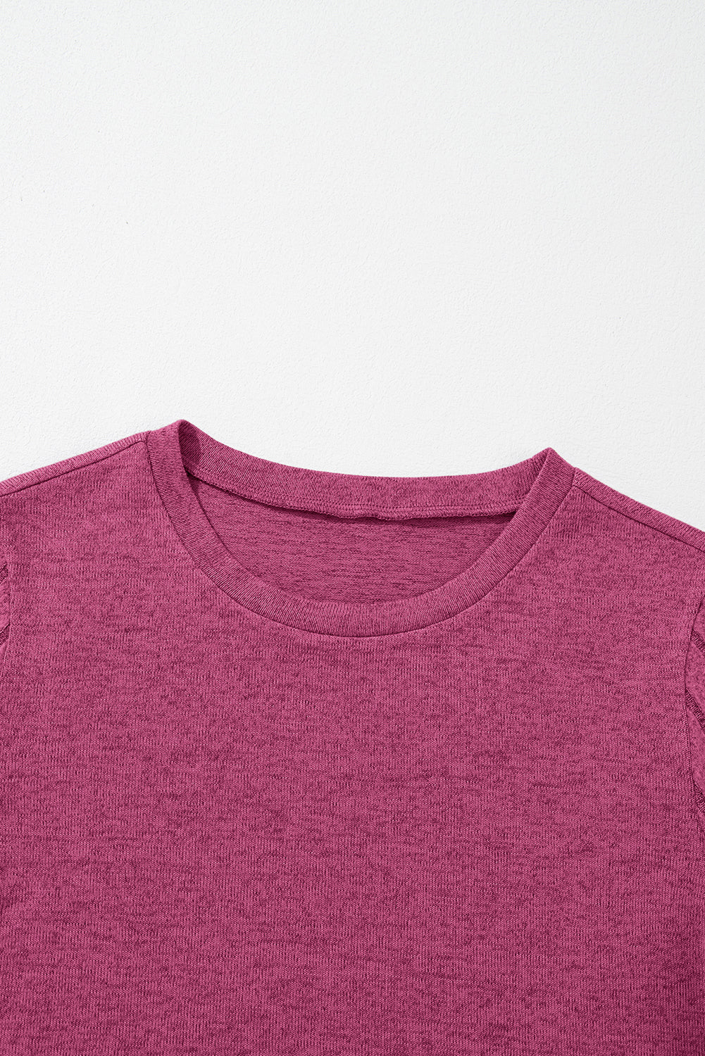 Ribbed Splicing Sleeve Round Neck T-Shirt | Bright Pink