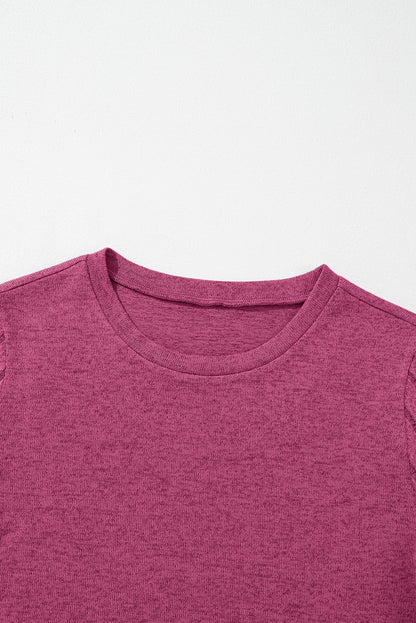 Ribbed Splicing Sleeve Round Neck T-Shirt | Bright Pink