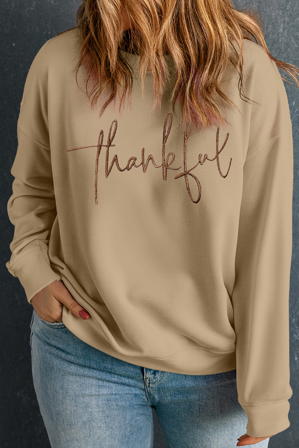 Apricot thankful Embroidered Crew Neck Plus Size Sweatshirt