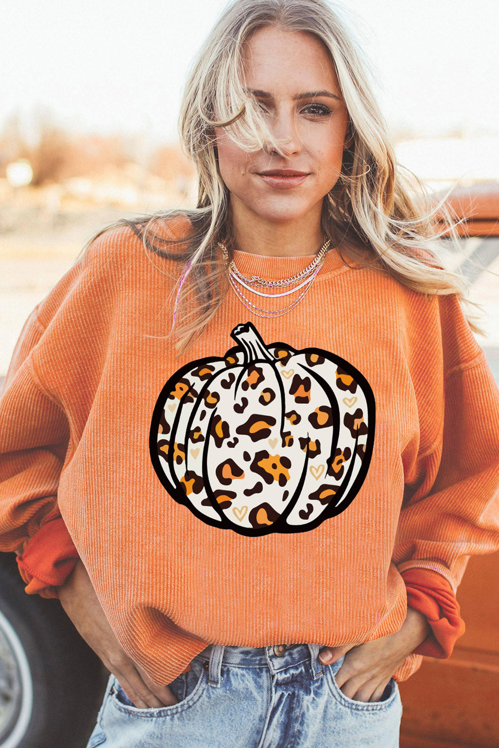 Leopard Pumpkin Graphic Corded Sweatshirt | Orange