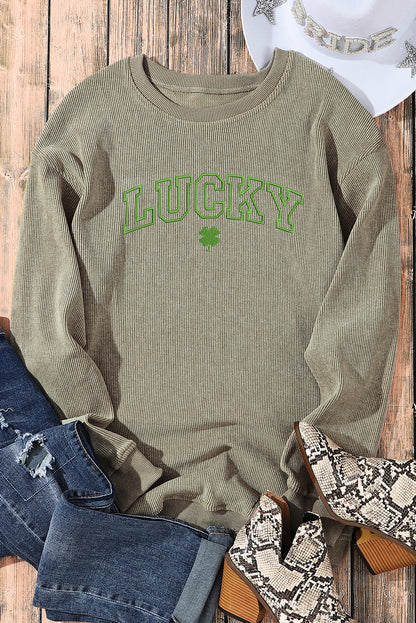 Lucky Clover Embroidered Corded Crewneck Sweatshirt | Green