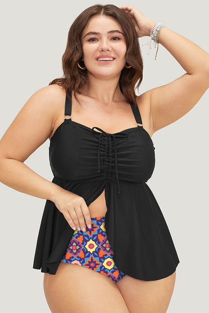 Drawstring Tied Front Flared Top Geometric Print Bottom Plus Size Tankinis | Black