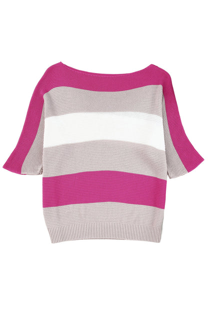 Contrast Stripe Knit Half Sleeve Sweater | Rose