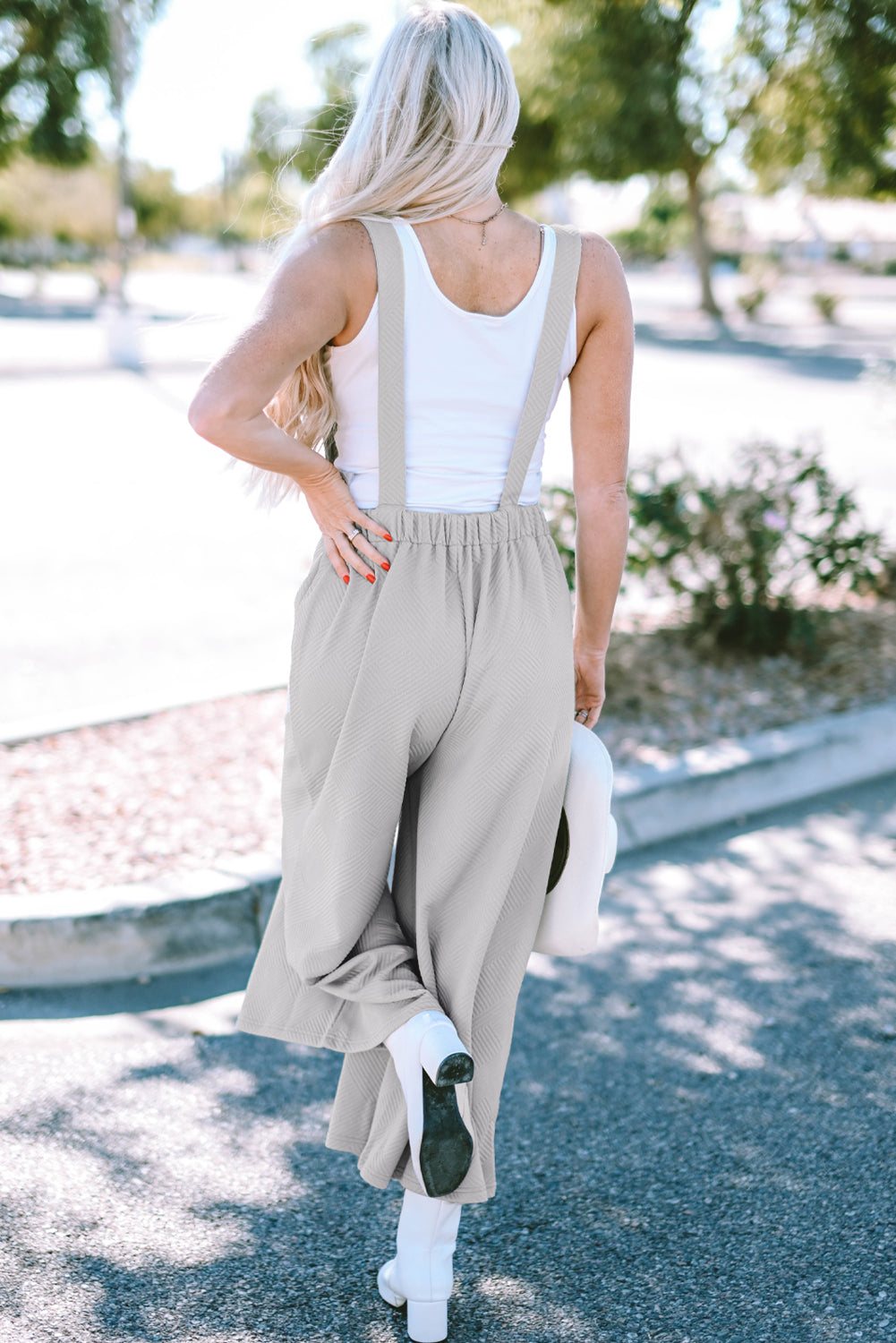 Textured Self-Tie Strap Wide-Leg Overalls | Light Grey