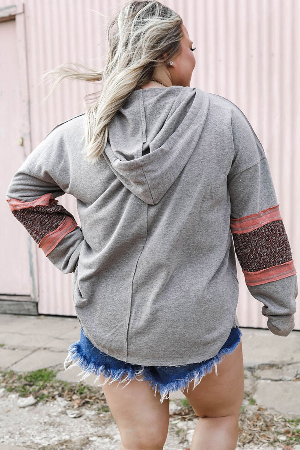 Contrast Patched Sleeve Plus Size Hoodie | Gray