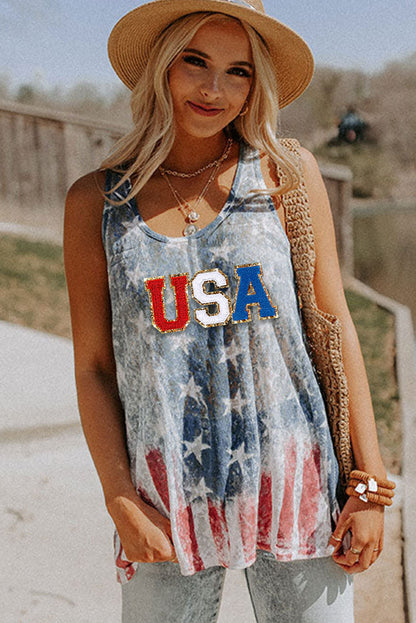 Usa Flag Print Loose Fit Tunic Tank Top | Blue