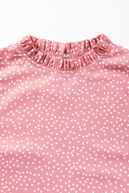 Polka Dots Ruffle Flutter Sleeve Frilled Neck Blouse | Pink