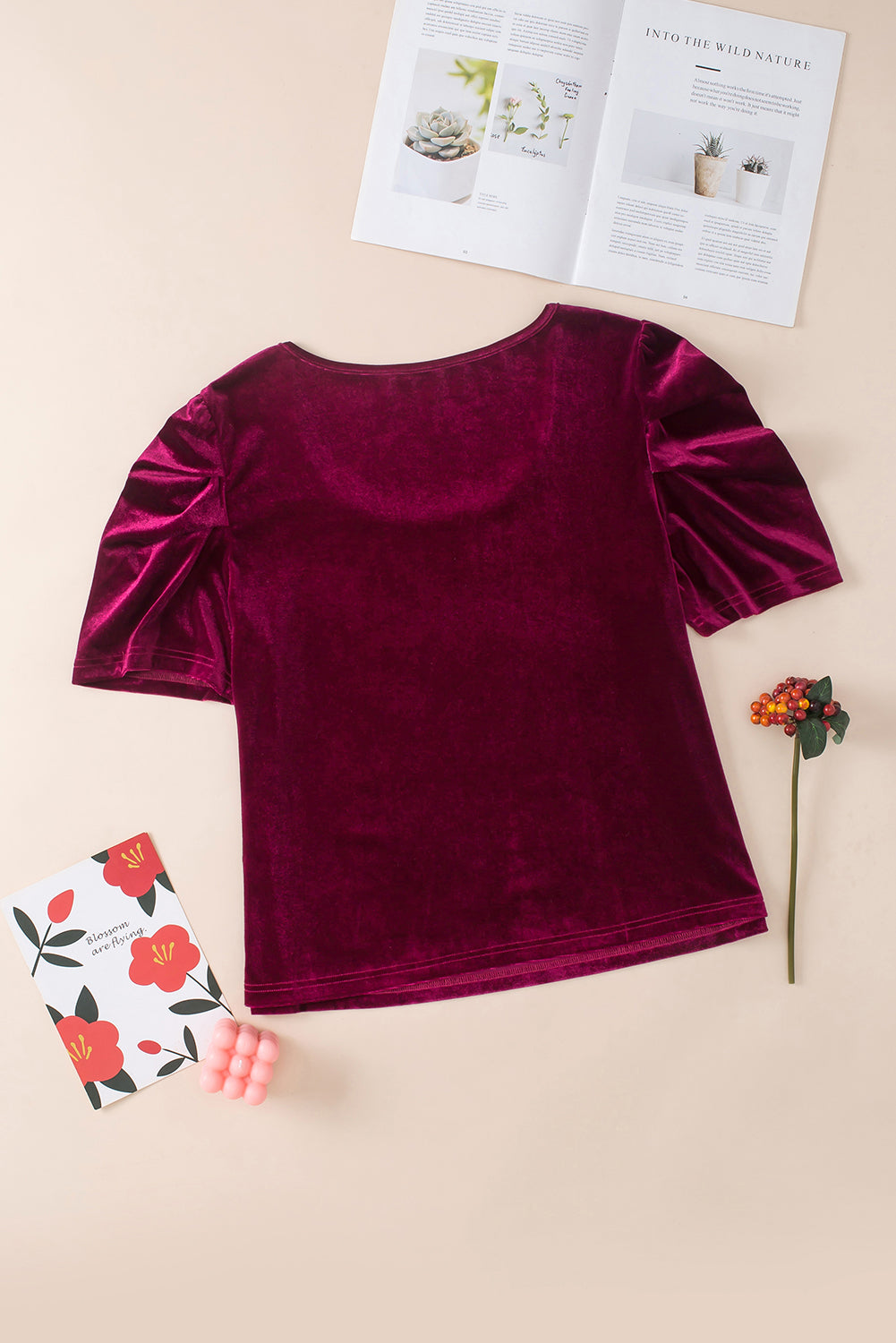 Velvet Bubble Sleeve U Neck Plus Size Top | Burgundy