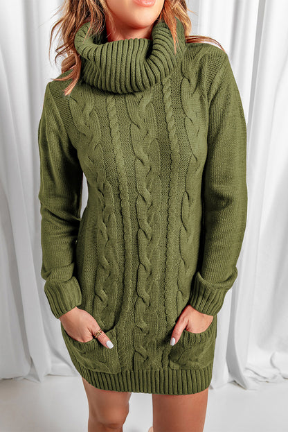 Olive Cowl Neck Cable Knit Sweater Dress