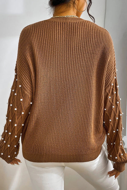 Beaded Drop Shoulder Round Neck Sweater | Chestnut