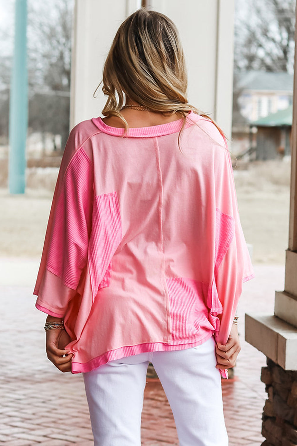 Colour Block Patchwork 3/4 Sleeve Loose Top | Pink