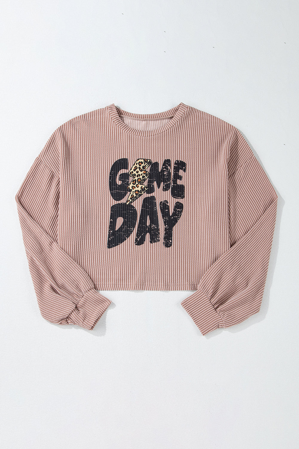 Game Day Graphic Crop Rugby Football Corded Knit Top | Khaki