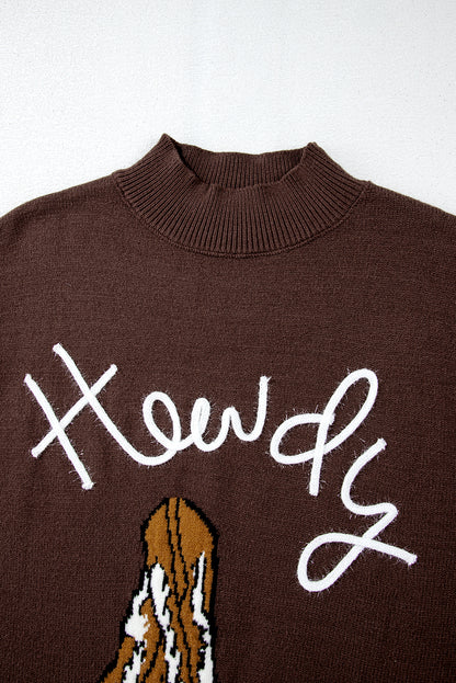 Western Howdy Boot Graphic High Neck Sweater | Coffee