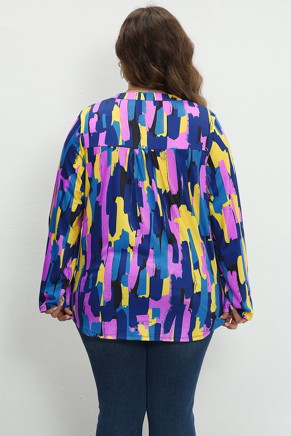 Plus Size Brushstroke Print 3/4 Sleeve Blouse | Blue