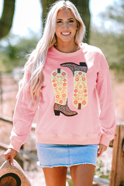 Floral Cowgirl Boots Graphic Drop Shoulder Sweatshirt | Pink