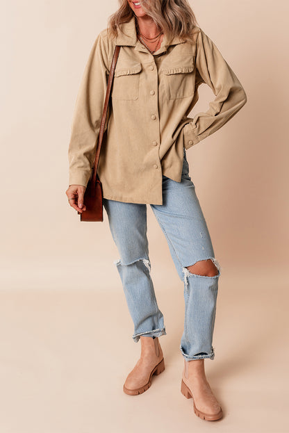 Solid Frilled Flap Pocket Button Up Corduroy Shacket | Light French Beige