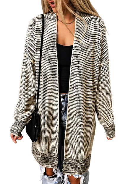 Plaid Knitted Long Open Front Cardigan | Apricot