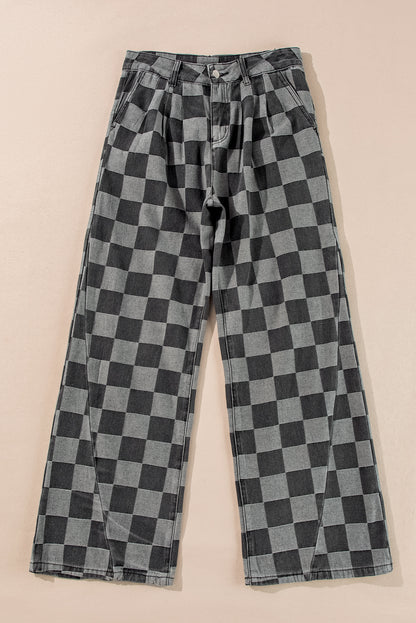 Checkered Denim Wide Leg Jeans | Dark Grey