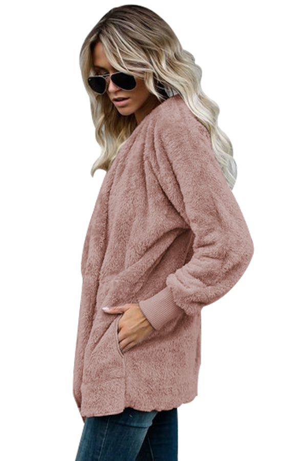 Soft Fleece Hooded Open Front Jacket | Pink