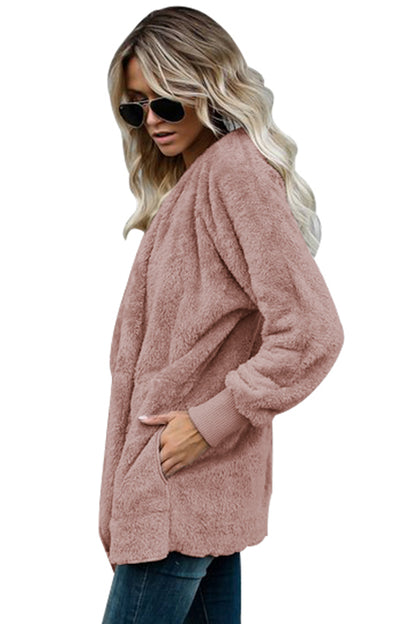 Soft Fleece Hooded Open Front Jacket | Pink