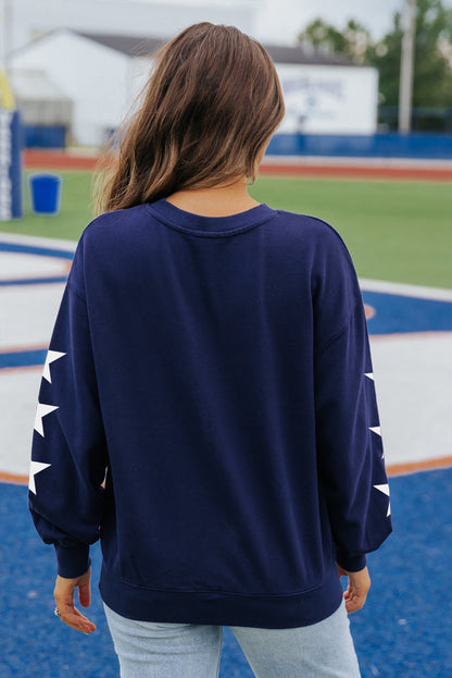 Game Day Printed Star Sleeve Crewneck Pullover Sweatshirt | Navy Blue