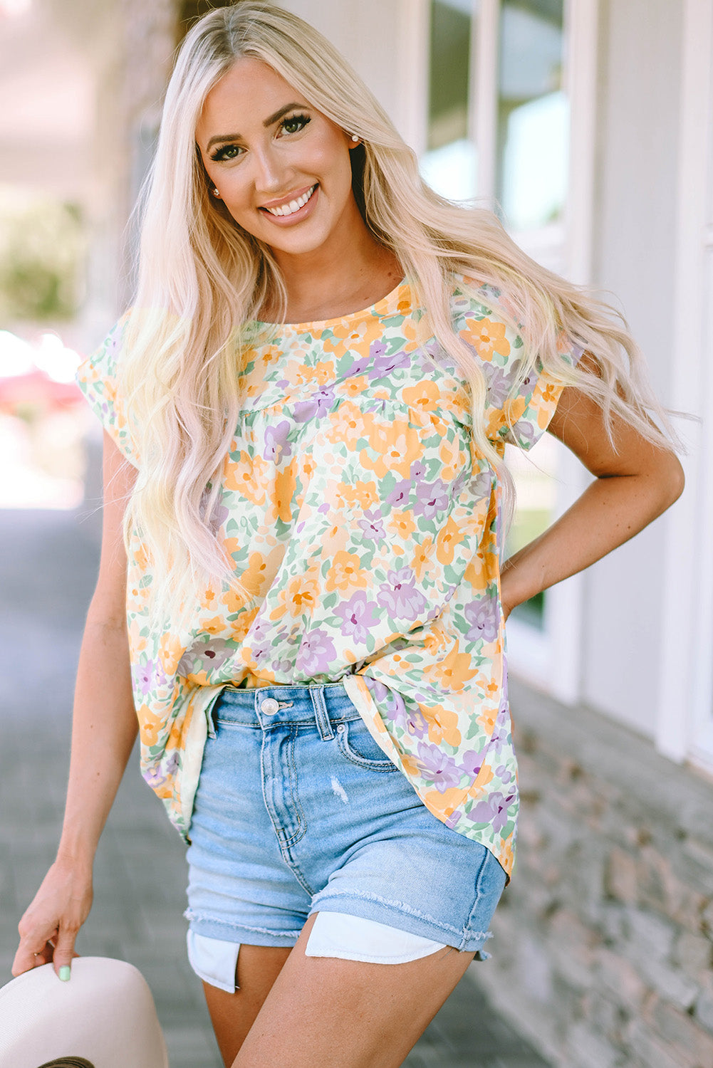 Floral Print Keyhole Back Short Sleeve Babydoll Blouse | Yellow