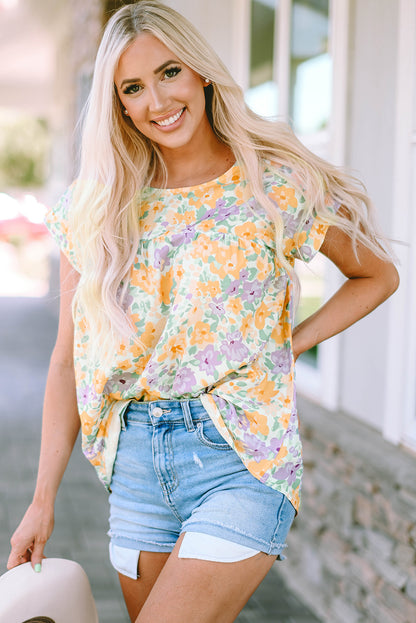 Floral Print Keyhole Back Short Sleeve Babydoll Blouse | Yellow