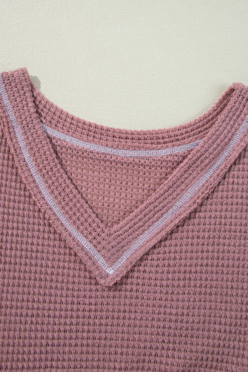 Waffle Knit V Neck Long Sleeve Babydoll Top | Pink