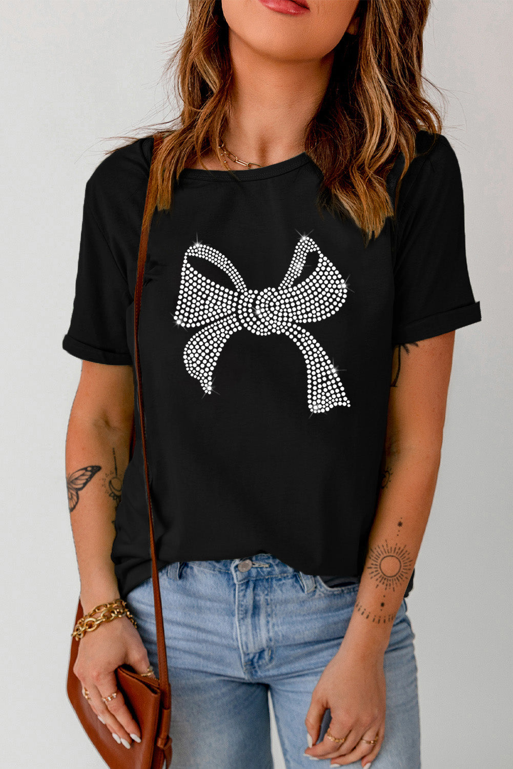 Rhinestone Bowknot Graphic Crewneck T Shirt | Black