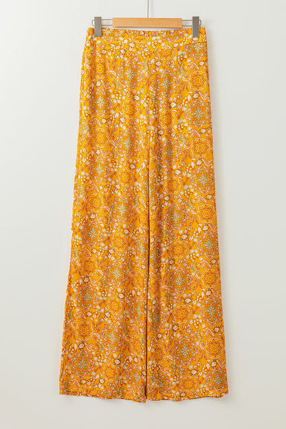 Bohemian Floral Print Pocketed Wide Leg Pants | Yellow