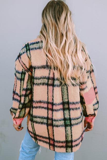 Fuzzy Plaid Corduroy Patchwork Shacket | Pink