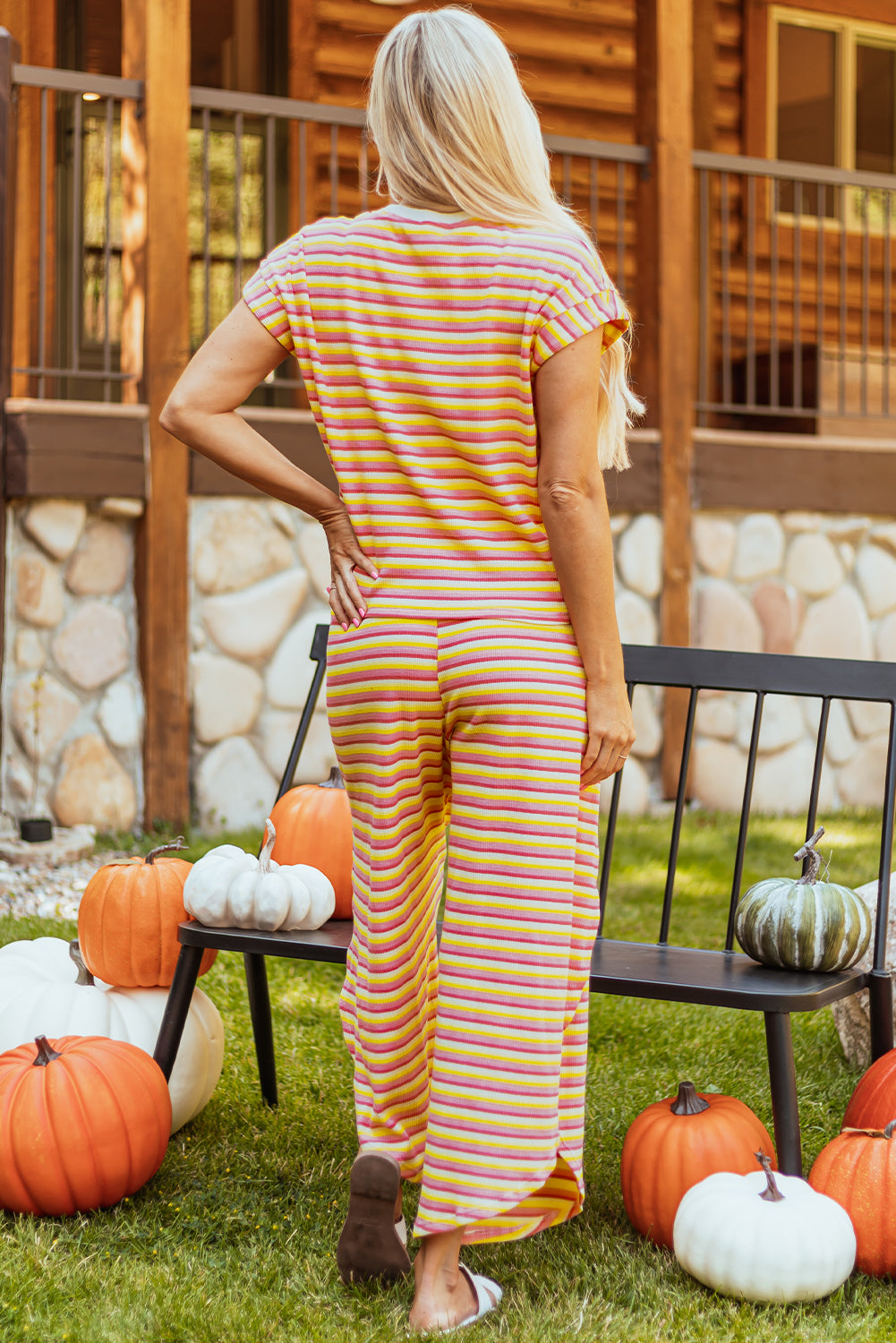 Rainbow Tee Tasseled String Wide Leg Pants Set | Yellow Stripe