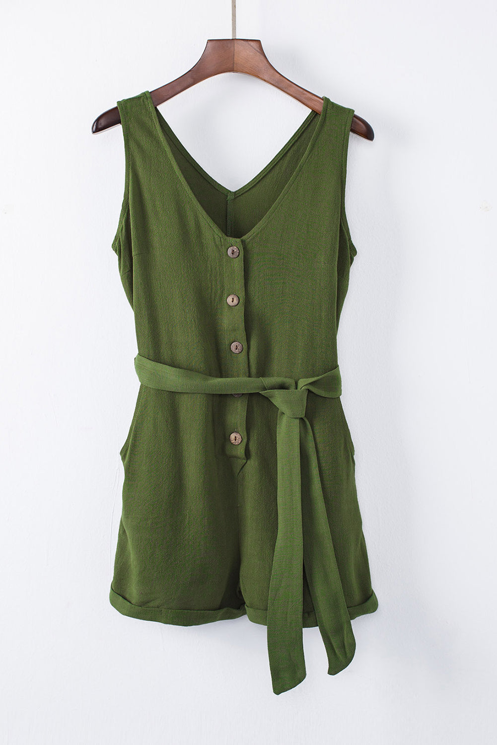 Button V Neck Romper With Belt | Green