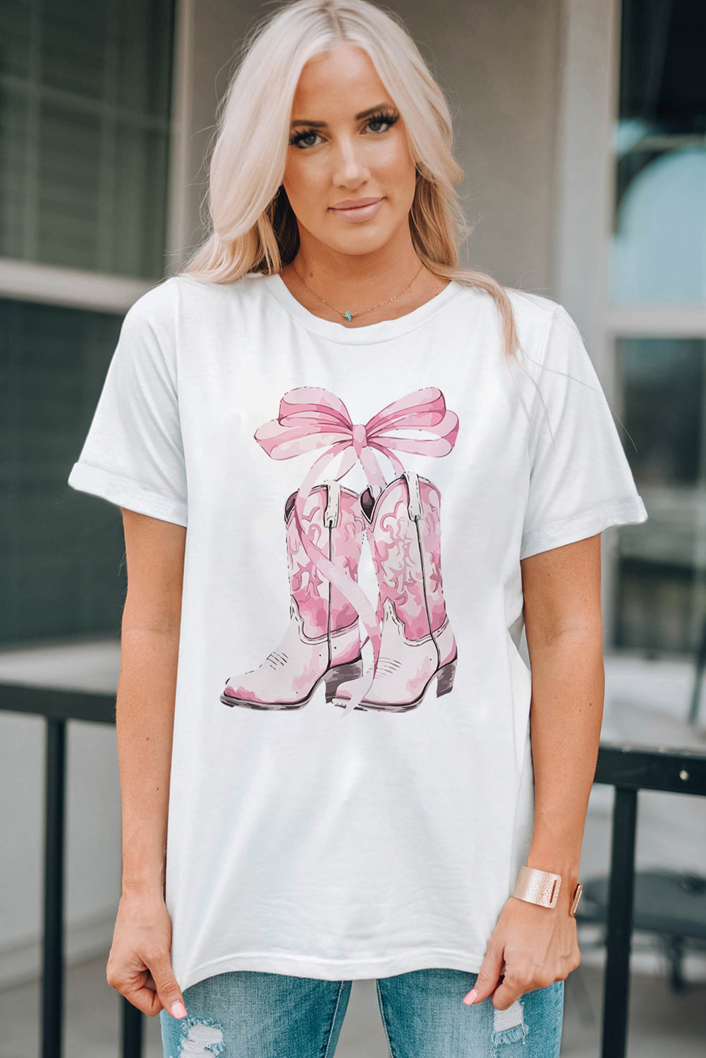 Western Boots Bow Knot Print Crew Neck T Shirt | White